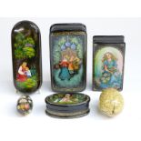 Three Russian lacquer boxes and a spectacle case,