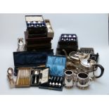 Large quantity of cased plated cutlery and a James Dixon Art Deco plated teaset,