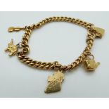 A 9ct gold bracelet with four 9ct gold charms including an elephant, cello, kettle and Ireland, 12.