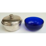 Modern hallmarked silver covered pickle or bonbon dish with blue glass liner and engine turned lid,