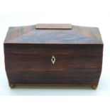 Rosewood twin handled sarcophagus-shaped tea caddy with two compartments flanking mixing bowl,