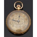 18ct gold open faced keyless winding pocket watch with blued hands, Roman numerals,