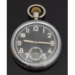 Military issue open faced keyless winding pocket watch with white Arabic numerals, black face,