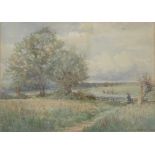John Bates Noel (1870 - 1927) watercolour landscape with workers crossing a field,