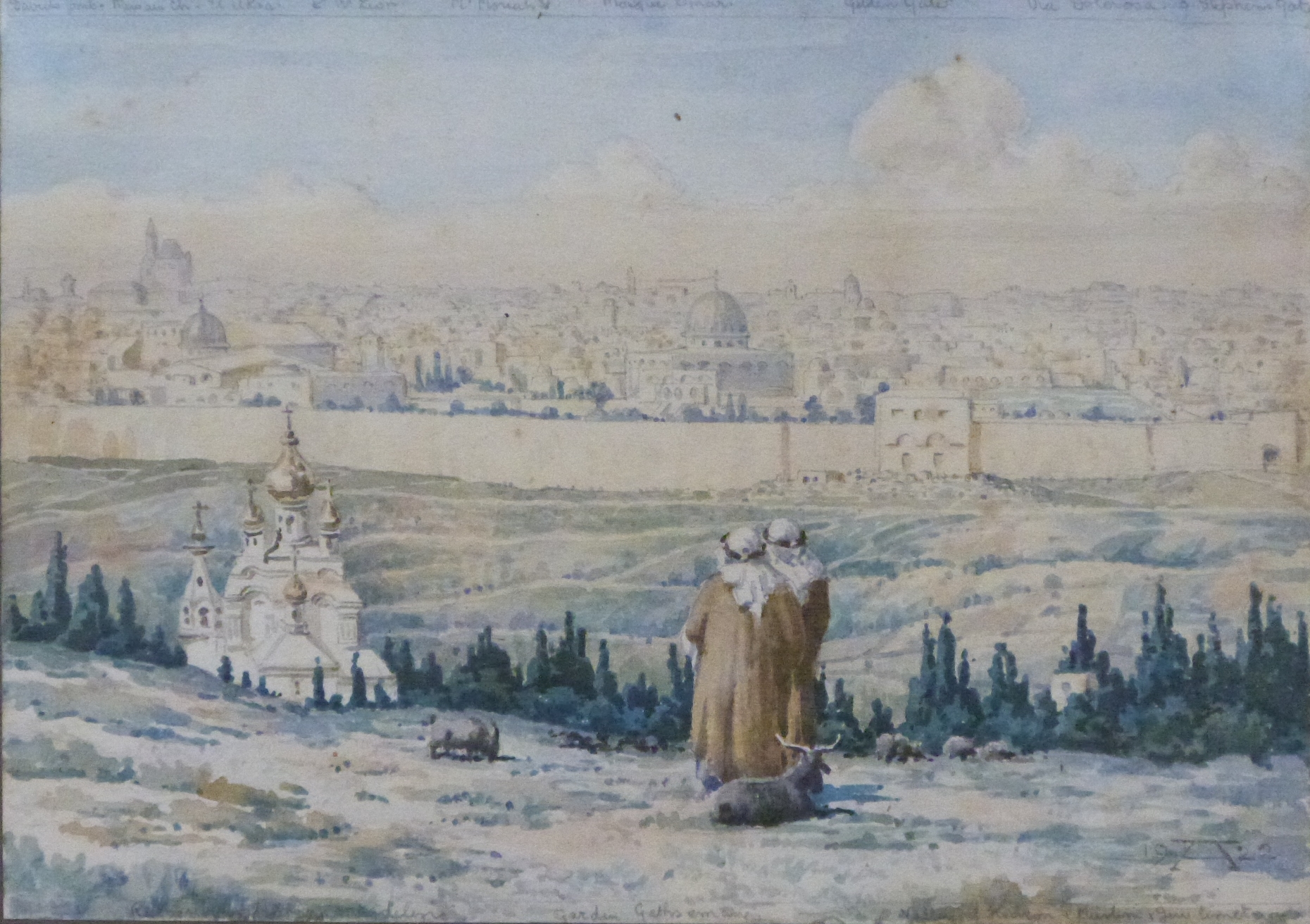 Watercolour landscape of Jerusalem, monogrammed and dated lower right possibly AH 1922,