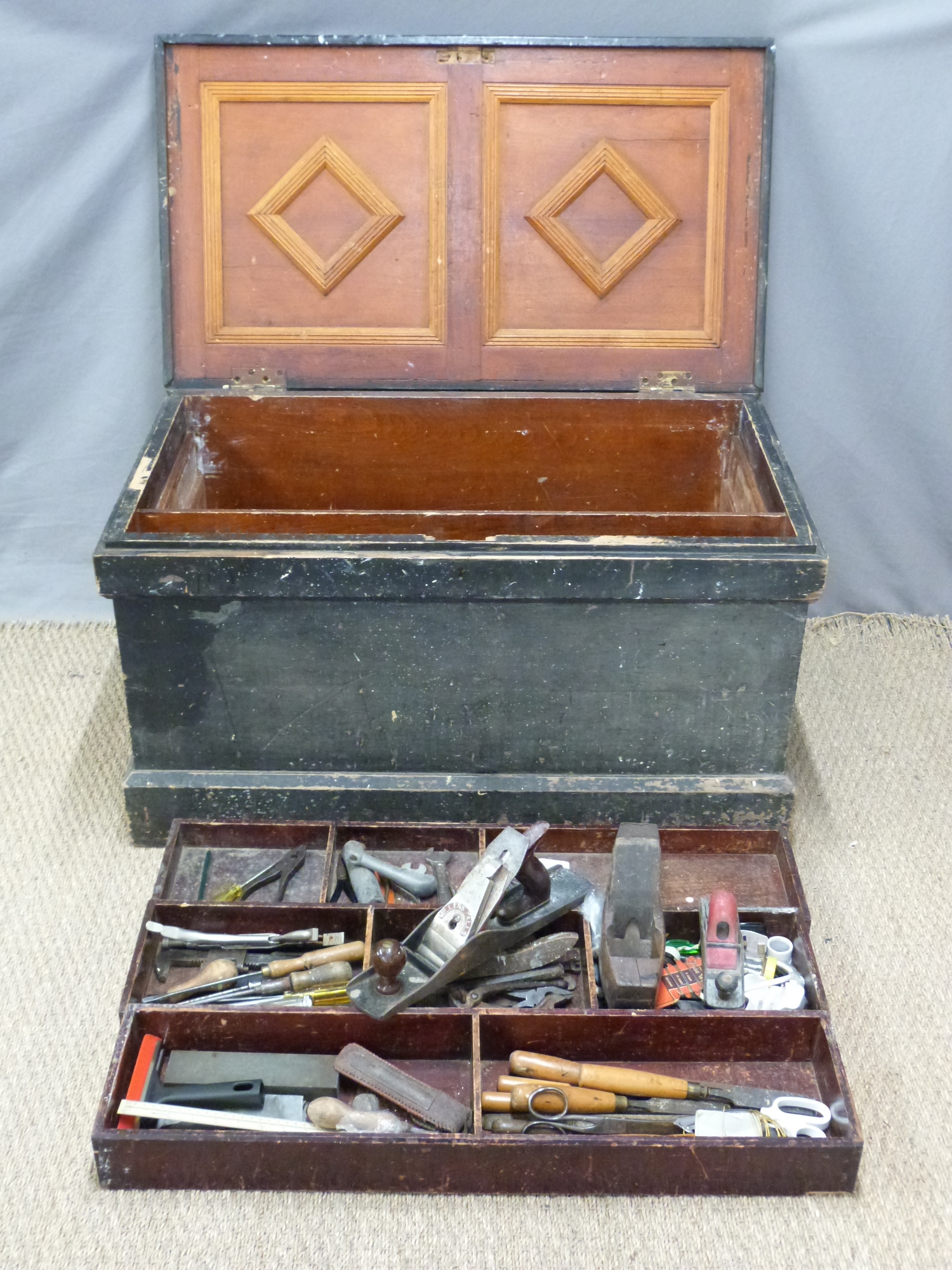 19thC wooden tool chest with fitted interior and tools including saws,