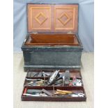 19thC wooden tool chest with fitted interior and tools including saws,