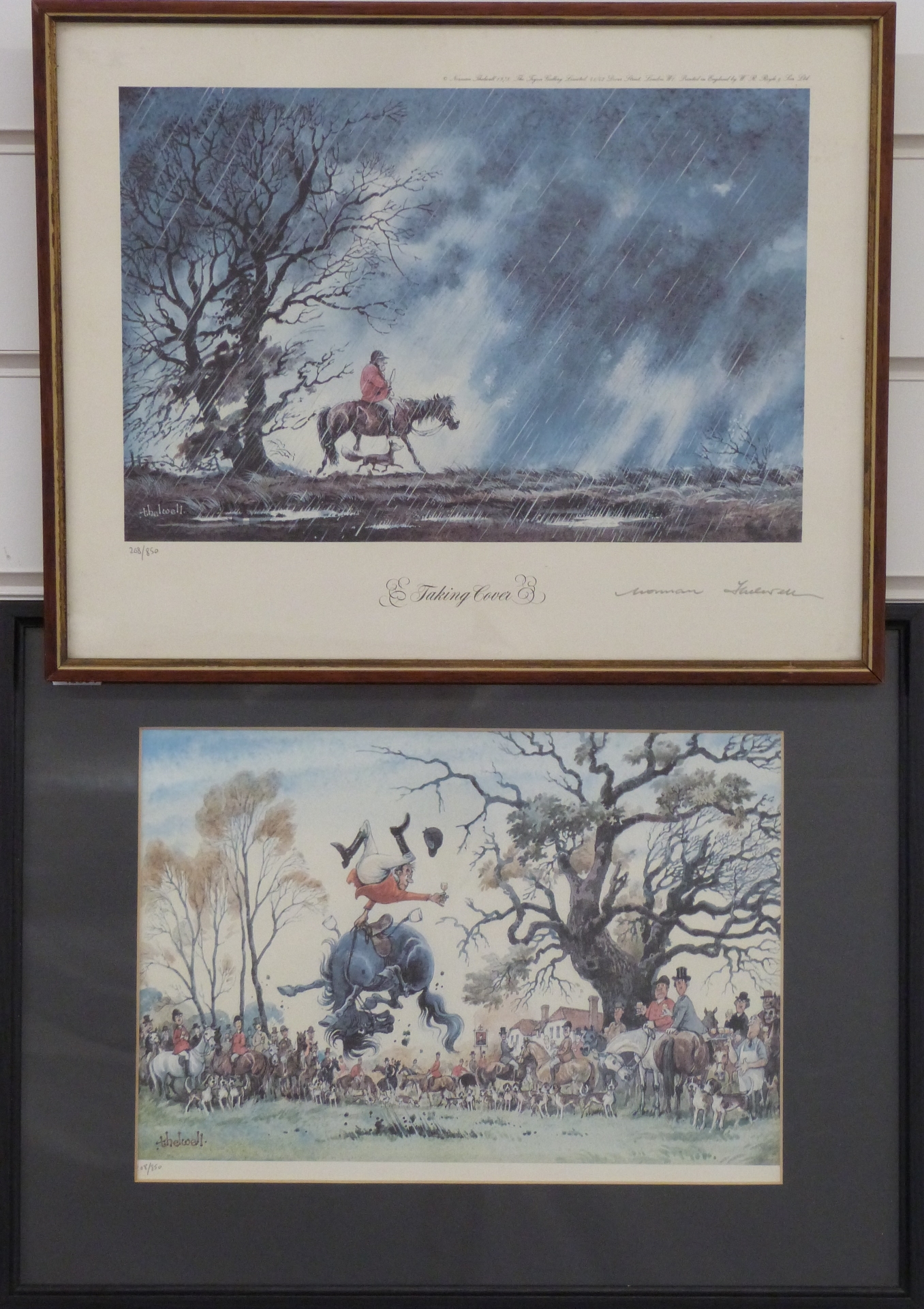 Two Norman Thelwell limited edition prints, one signed 'Taking Cover' and one depicting a meet,