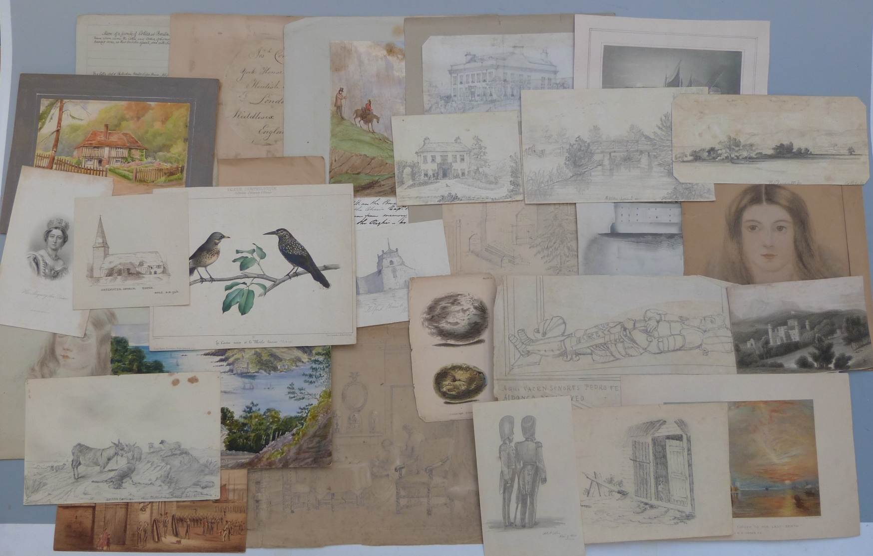 A quantity of mainly 19thC sketches and drawings, one page marked Jos Collis, York House,