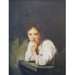 Oil on canvas lady leaning on a desk or counter,