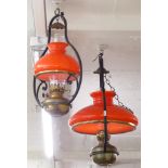 Two hanging hand blown glass lamps with spare shades, Sherwoods Limited impressed to brass fittings.