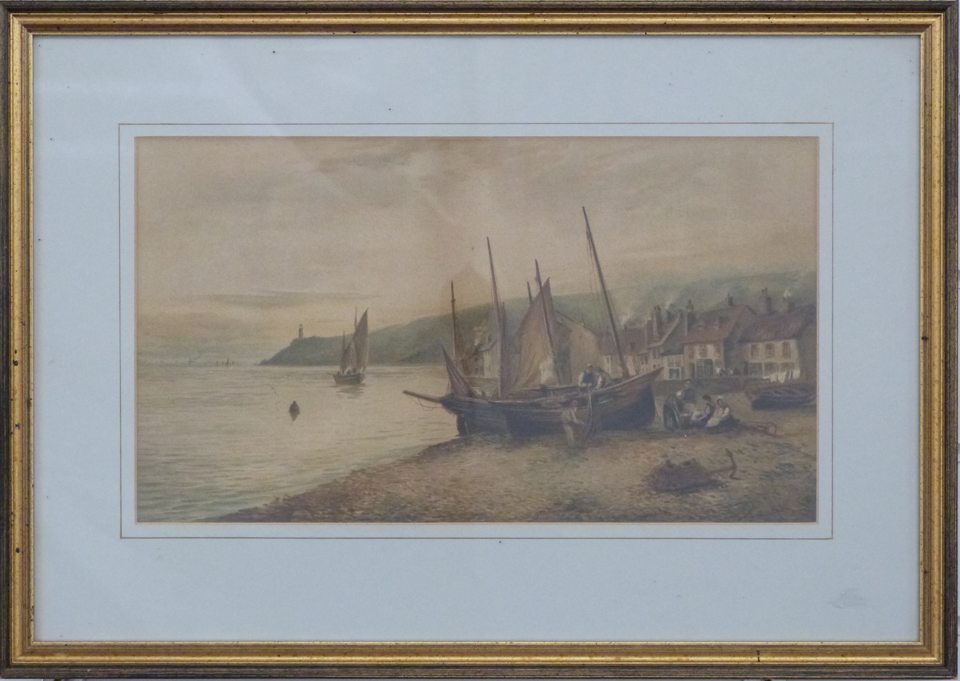 19thC /early 20thC print fishermen with beached boats and cottages beyond, - Image 2 of 3
