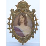19thC portrait miniature of a lady in ornate brass frame, indistinctly signed possibly Opic,