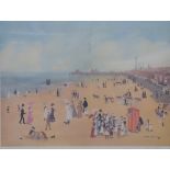 Helen Bradley signed print of figures on a beach 'Blackpool Sands', with blind stamp,