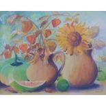 Oil / acrylic on canvas still life including a sunflower in vase,
