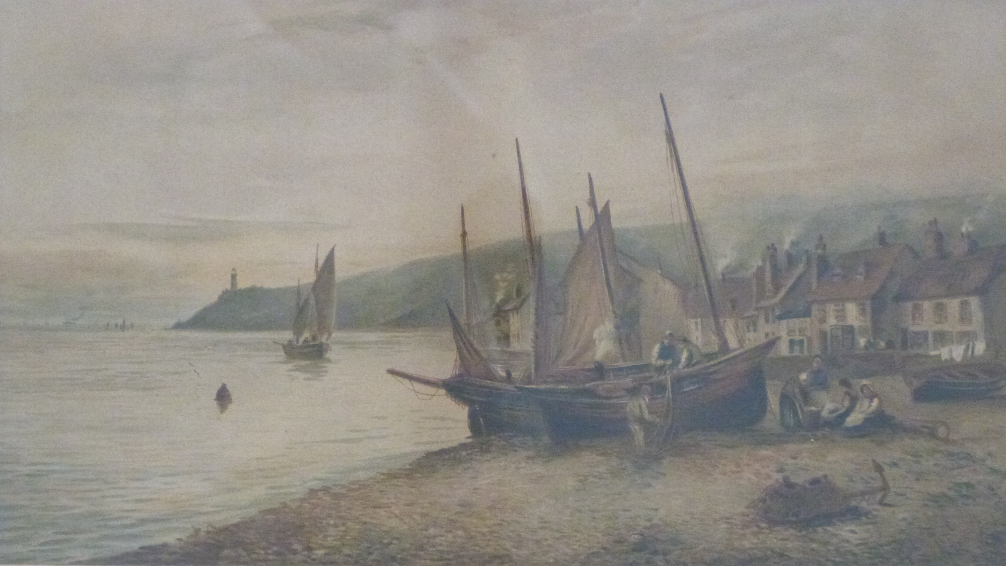 19thC /early 20thC print fishermen with beached boats and cottages beyond,