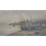 19thC /early 20thC print fishermen with beached boats and cottages beyond,