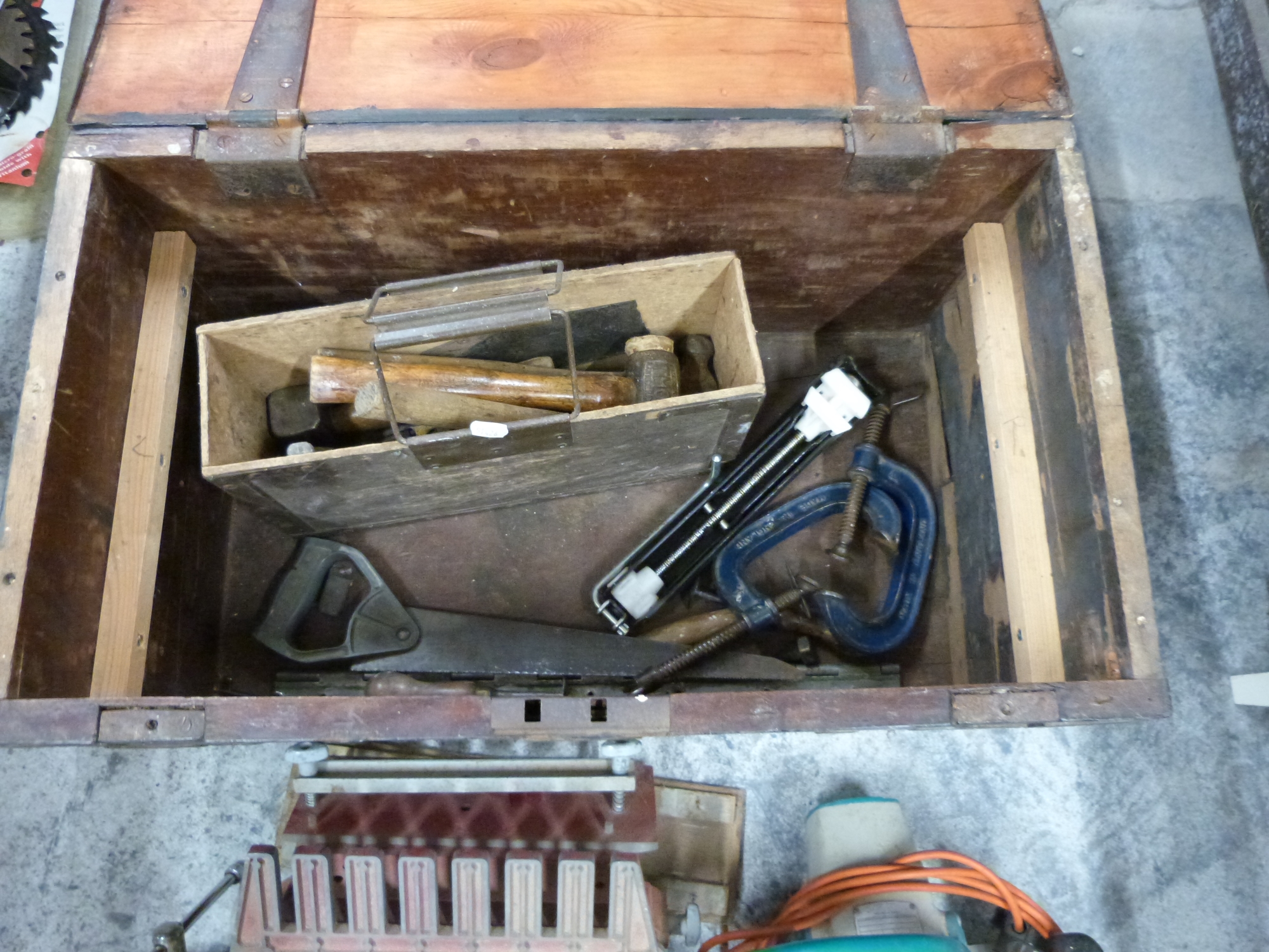19thC stained pine chest with tools including Wolf Sapphire saw, - Image 2 of 2