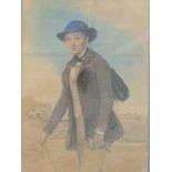 Catherine Gray 19thC watercolour of a traveller with satchel, signed lower right,