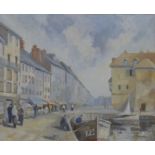 Dudley Burnside oil on canvas harbour scene 'Honfleur', signed lower right and with labels verso,