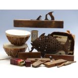 A quantity of collectables to include vintage woodworking planes, carriage clock, drums,