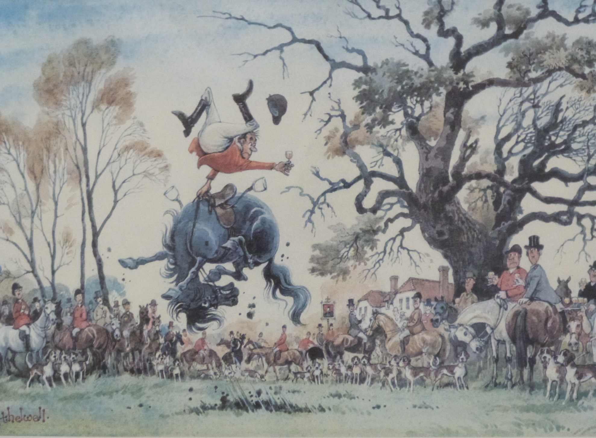 Two Norman Thelwell limited edition prints, one signed 'Taking Cover' and one depicting a meet, - Image 2 of 3