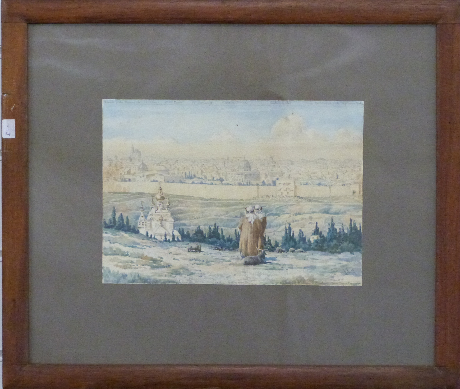 Watercolour landscape of Jerusalem, monogrammed and dated lower right possibly AH 1922, - Image 2 of 6