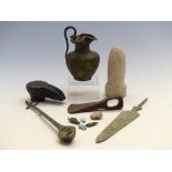 Quantity of ancient and Oriental style items including arrow heads, axe head,