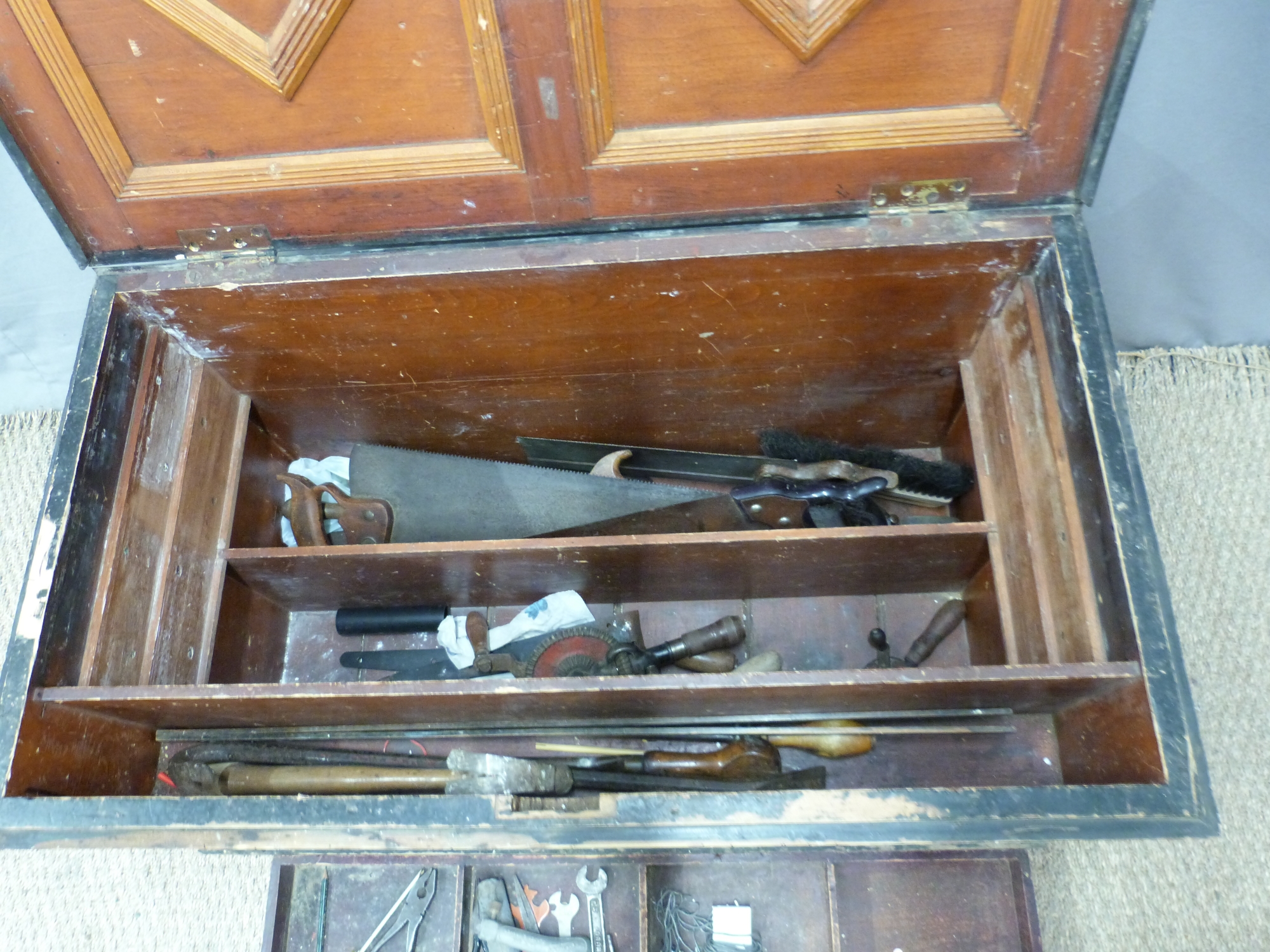 19thC wooden tool chest with fitted interior and tools including saws, - Image 2 of 2