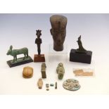 A collection of Egyptian and similar artifacts including an Egyptian bust (18cm tall),
