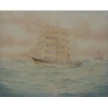 R Howe maritime watercolour sailing ship with steamship beyond,