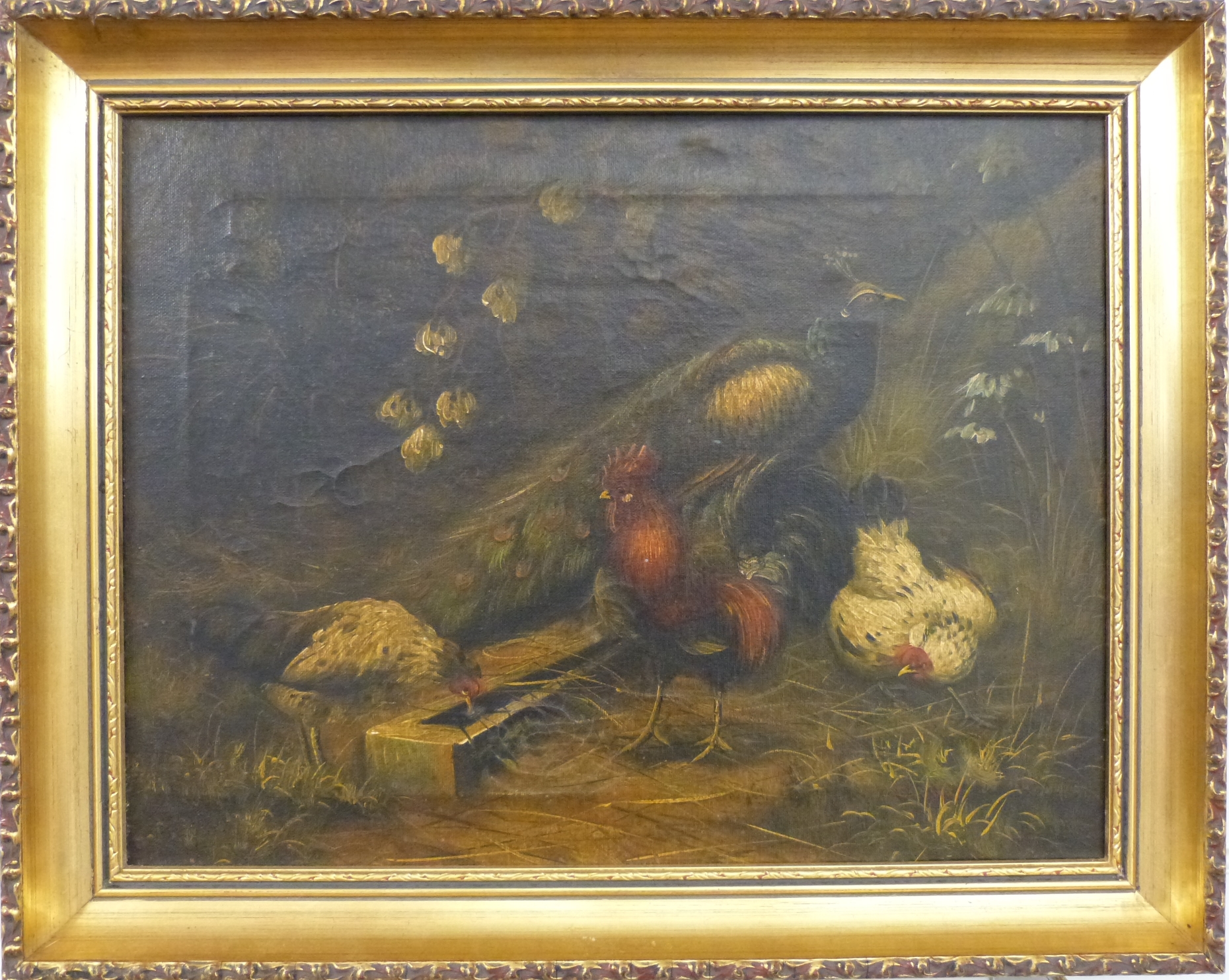 19thC style oil on canvas peacock and chickens feeding, - Image 2 of 3