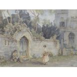 Eric Sturgeon watercolour two female figures with flowers by a church, signed lower right,