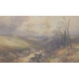 Late 19th / early 20thC watercolour landscape stream with hills beyond,