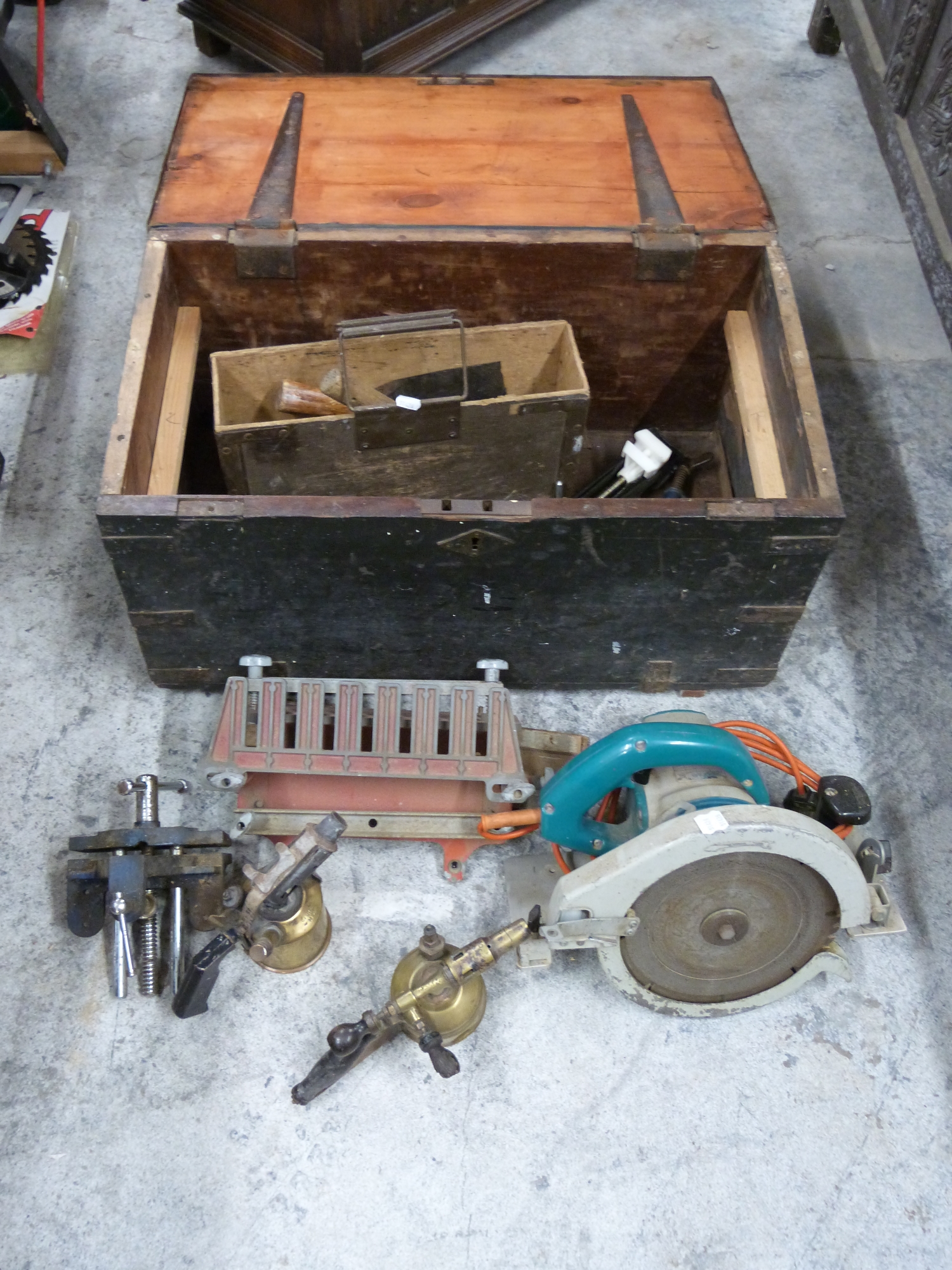 19thC stained pine chest with tools including Wolf Sapphire saw,