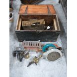 19thC stained pine chest with tools including Wolf Sapphire saw,