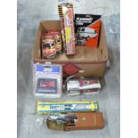 A quantity of retro motoring accessories including wolf whistle horn, stop thief window etch kits,