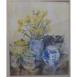 Linda Winter watercolour cat with jug, daffodils and teaset, signed lower right,