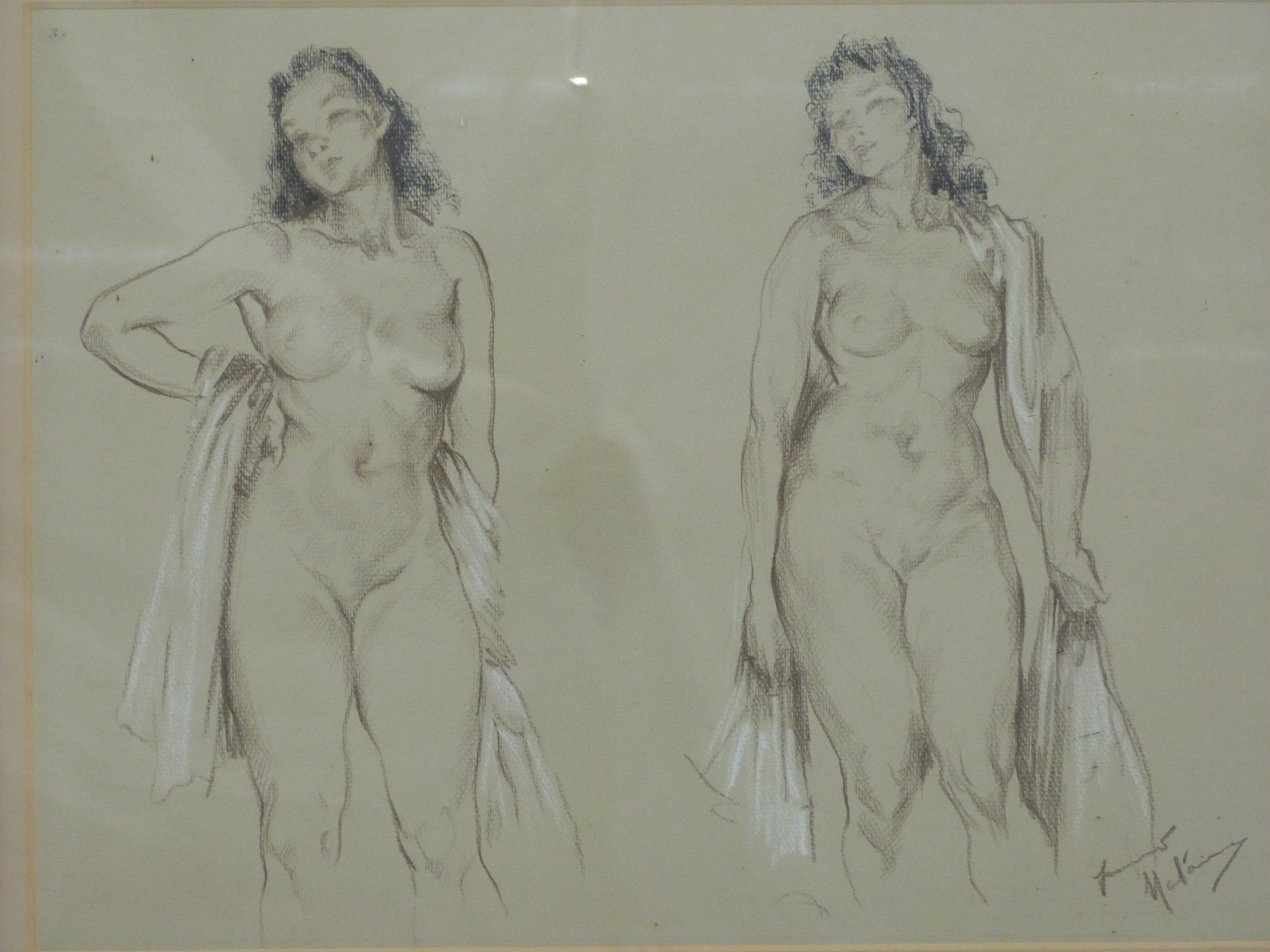 Franco Matania charcoal study of nude lady in two poses,
