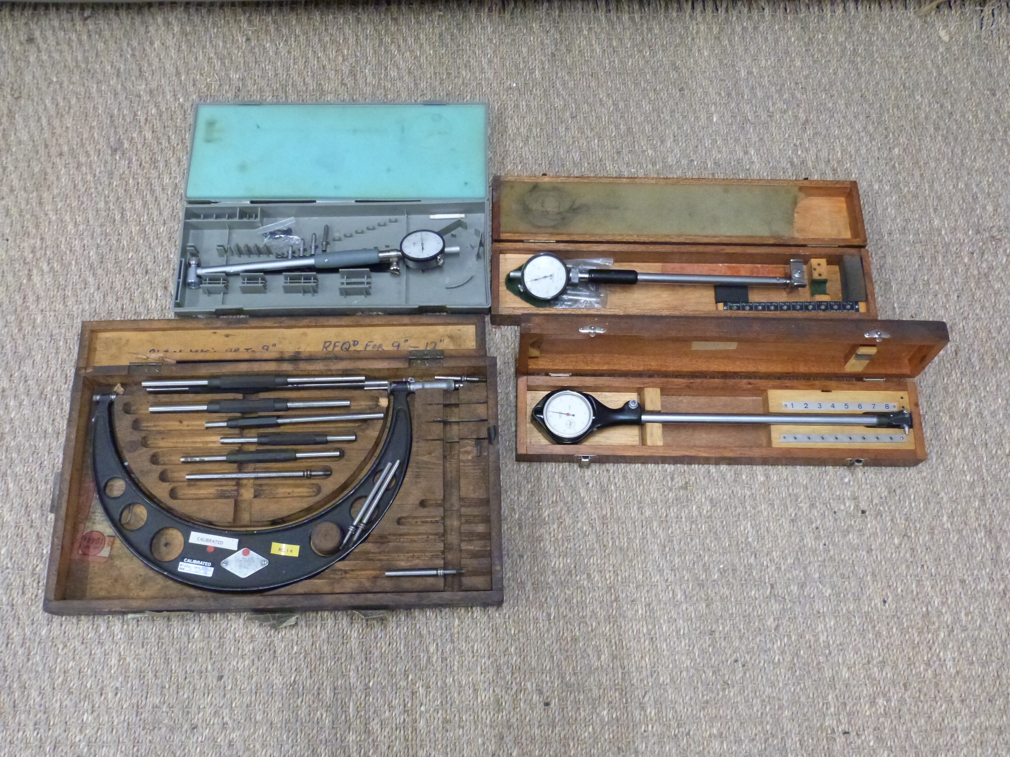 Large cased micrometer set and three bore or similar gauges