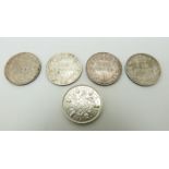 Four Edward VII sixpences 1902, 1903, 1904 and 1905, EF-VF, together with an uncirculated George V
