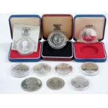 Ten mainly silver crowns/coins including two Britannias, Tristan Da Cunha 25p, Falklands Islands