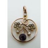 Edwardian 9ct rose gold pendant set with an amethyst and seed pearls, 2cm