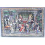 A cased Chinese diorama figure group of a court scene or play, H 43cm x W 63cm x D 15cm