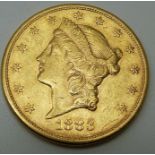 1883 USA Liberty head twenty dollar gold coin, San Francisco Mint, 33.4g