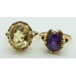 Two 9ct gold rings, one set with a citrine and the other with an amethyst