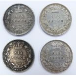 Four young head Victorian sixpences, 1880, 1881, 1883 and 1885, F-VF