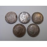 Five English crowns comprising 1888 and 1889 Victorian Jubilee, 1893 veiled head example and two