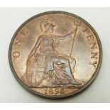 1895 veiled head Victorian penny, trident 2mm from p(enny) reverse, EF+