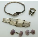 A silver bangle marked Norway, ring marked AGE Norway, silver bracelet and agate cufflinks